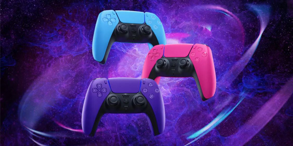 PS5 DualSense Controllers in de kleuren Starlight Blue, Nova Pink en Galactic Purple