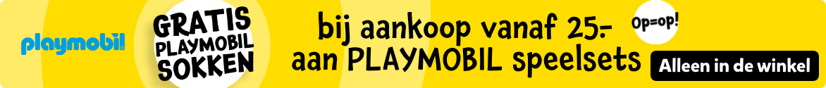 Ontvang gratis PLAYMOBIL sokken bij aankoop vanaf 25.- aan PLAYMOBIL speelsets. Let op: alleen in de winkel & op=op!