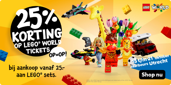 Shop nu 25% korting op LEGO World tickets bij aankoop vanaf 25.- aan LEGO sets. Op=op!