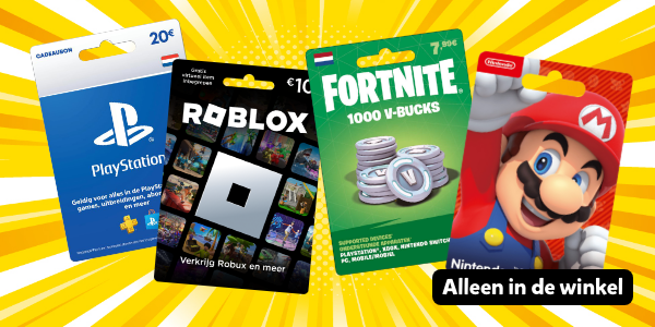 PlayStation, Roblox, Fortnite en Nintendo tegoedkaarten. Alleen in de winkel