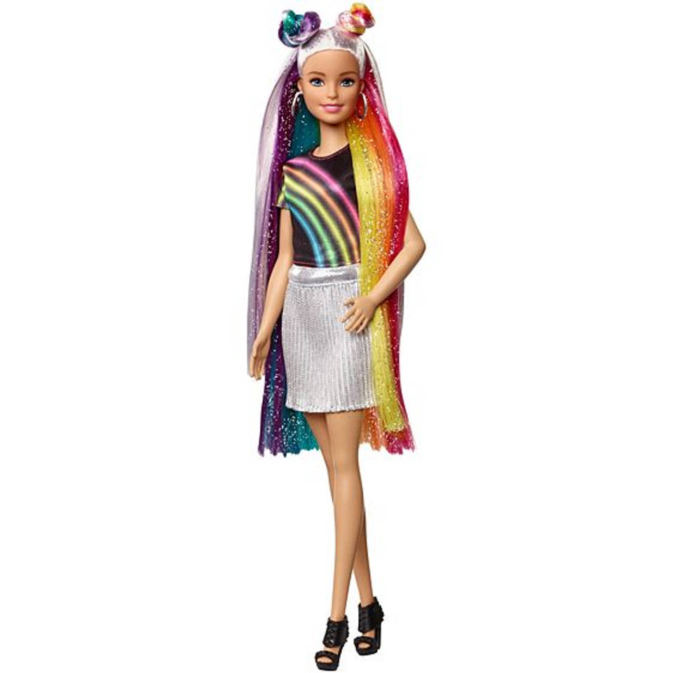 Computerspelletjes spelen limiet tweeling Barbie mannequinpop regenboog glitterhaar