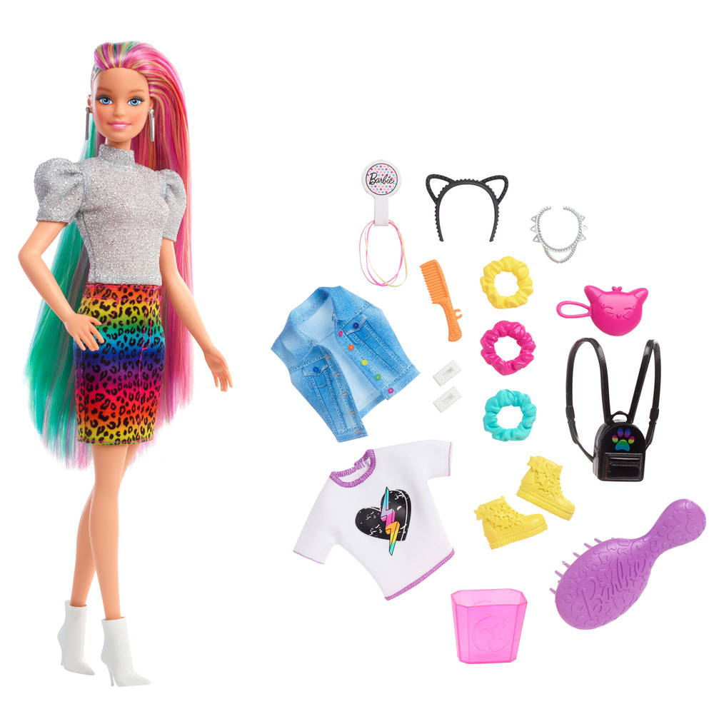 Barbie luipaard en regenbooghaar pop