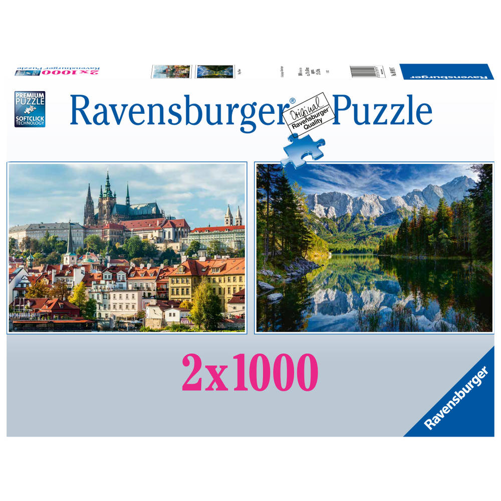 Ravensburger puzzelset Praag en Eibsee met Wettersteingebergte - 2 x 1000 stukjes