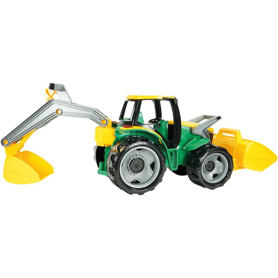 Lena 02123 - Starke Riesen tractor met schep en aanhangwagen, ca. 62 cm en 43 cm, groot speelgoedvoertuig voor kinderen vanaf 3 jaar, robuuste trekker met echt werkende laadschep en aanhanger, groen