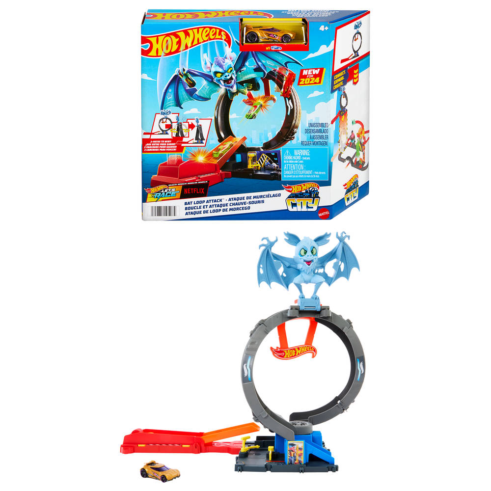 Hot Wheels 'Let's Race' Netflix - speelgoedauto's met baanset, Actie Cycloon-loopingset, 2 manieren om te spelen en gemakkelijk op te bergen, met speelgoedauto op schaal van 1:64, HXM94