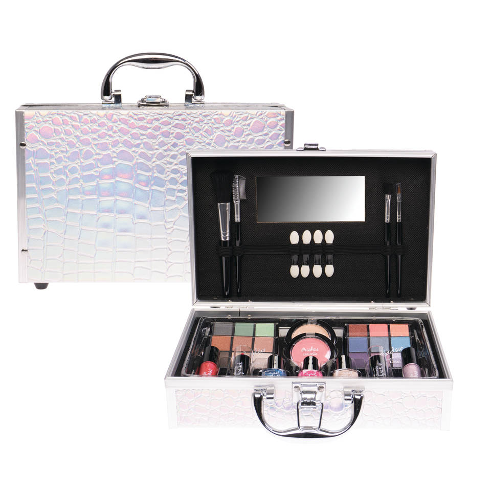 Casuelle make-up koffer met zilveren krokodillen patroon 49-delig