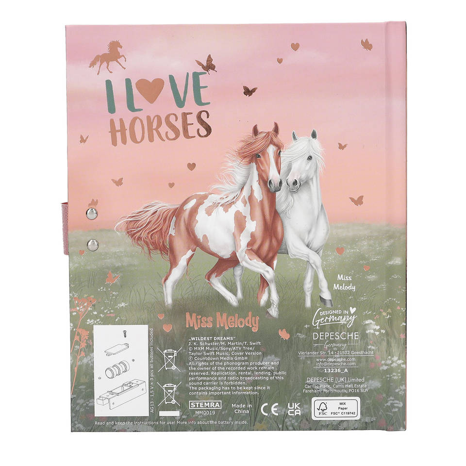 Depesche 13612 Miss Melody - Large Jewellery Box in Turquoise and Pink with Horse Pattern and Rose Gold Pattern, Jewellery Box with Code, Sound and Mirror