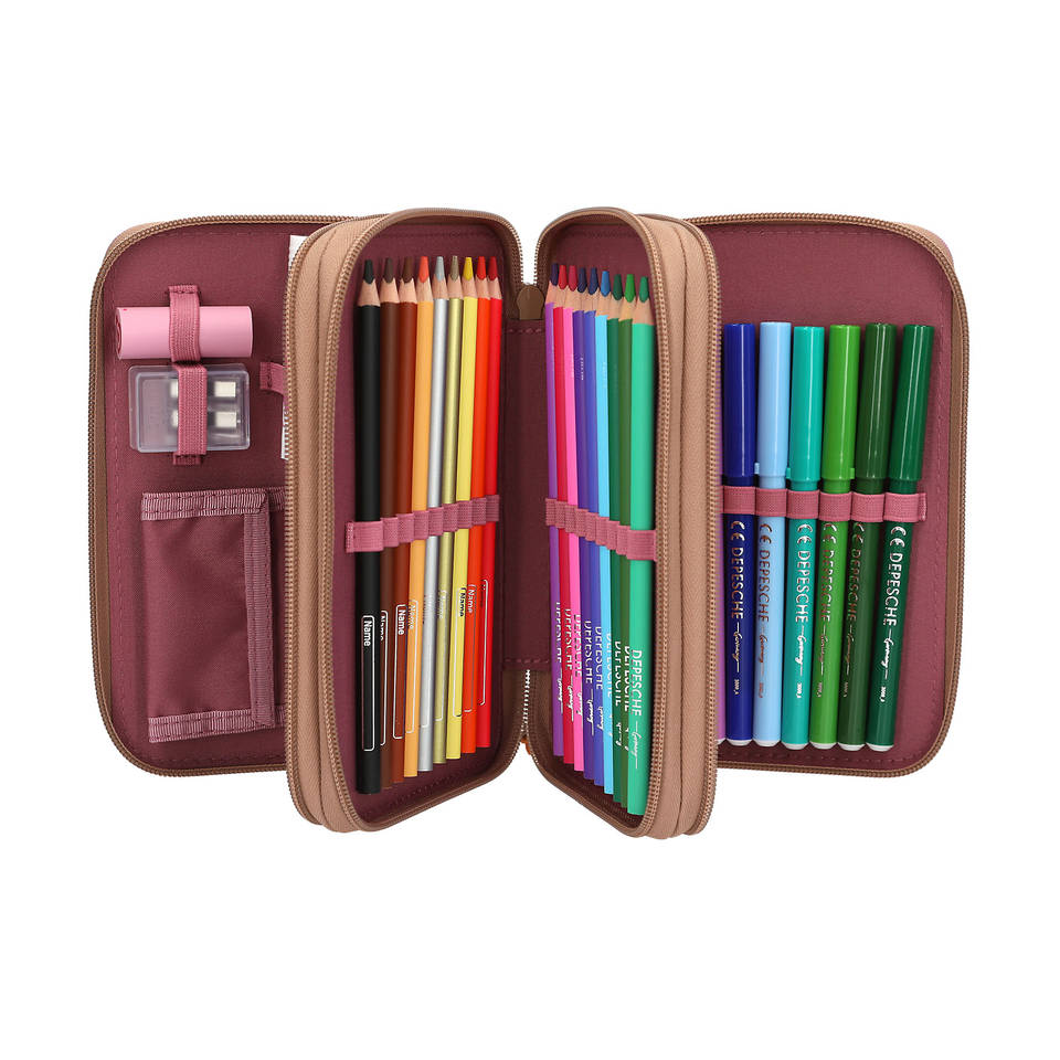 Depesche 13055 TOPModel Floral - Estuche de 3 compartimentos en rosa oscuro, con motivo de modelo y estampado de flores, estuche con lápices de colores, regla, tijeras y mucho más