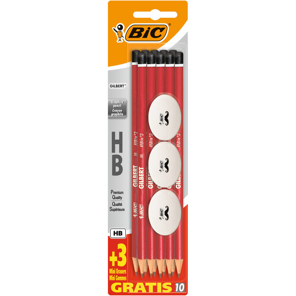 BIC Gilbert HB potloden + 3 BIC Mini Fun gummen - 10 stuks
