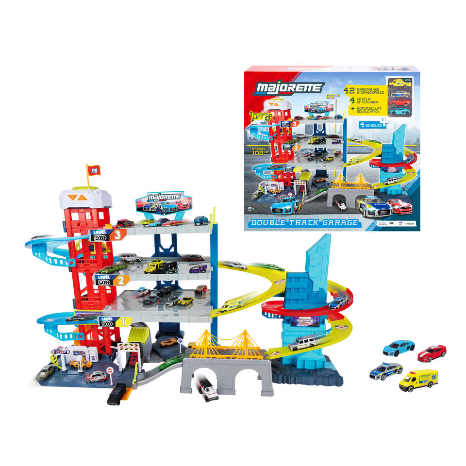 Majorette Garage Double Track met 4 metalen auto’s